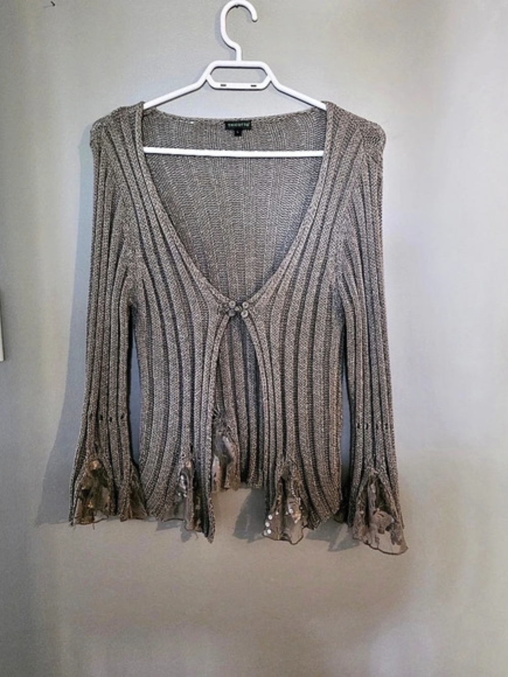 Tricotto Striped Fringe Shrug in Brown